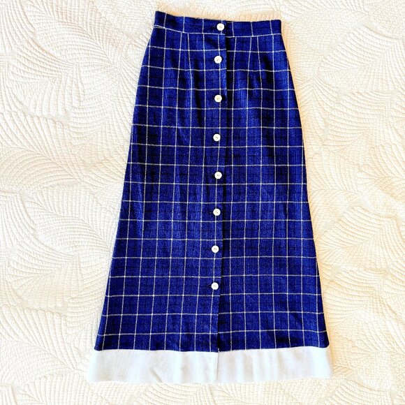 Vintage Handmade Preppy Nautical Wool Navy Blue Plaid Maxi Skirt Size S - Picture 1 of 13